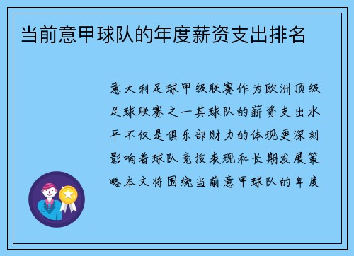 当前意甲球队的年度薪资支出排名